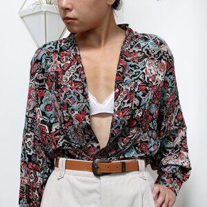 80s Black, Turquoise, Red & Beige Aztec Print Dust Jacket, Button Up Wrap Style